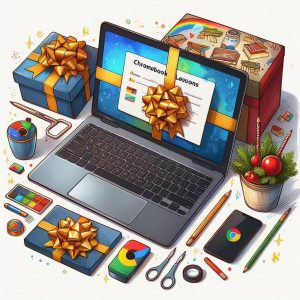 Laptop with gifts and school supplies arranged around it.