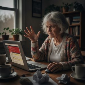 Frustrated senior woman with gray hair gesturing with hand raised while looking at her laptop screen at a wooden desk.