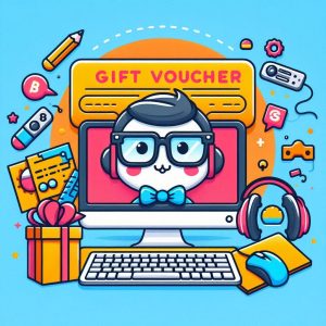 Cute cartoon character with gift voucher and computer