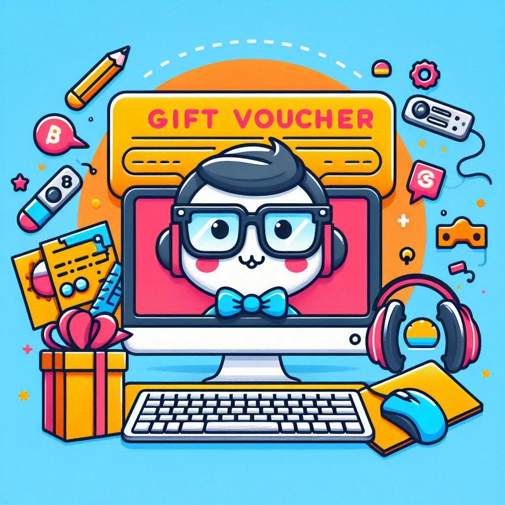 Cute cartoon character with gift voucher and computer