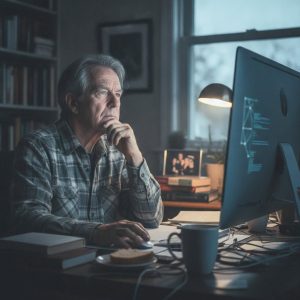 Senior man in a flannel shirt sitting at a desk, looking intently at a computer screen in a dimly lit study.