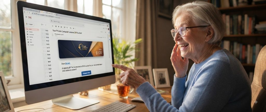 Smiling senior woman pointing at a digital computer lesson gift voucher displayed on her desktop monitor.
