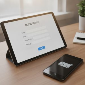 Tablet displaying a 'Get In Touch' contact form next to a smartphone with an email notification icon on a wooden desk.
